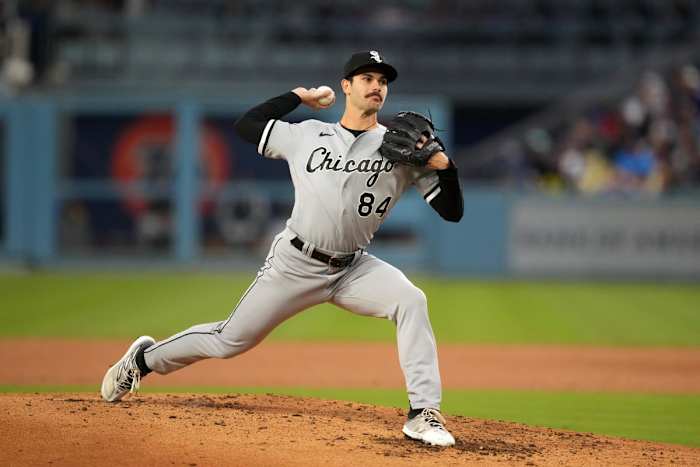 Chicago White Sox starting pitcher Dylan Cease throws in the third inning against the Los Angeles Dodgers at Dodger Stadium. (2023)